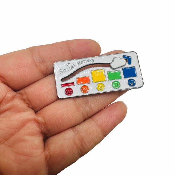 ⭐Social Battery Sliding Enamel Pin Badge Cute Mood Indicator Cartoon Rainbow New - Picture 2 of 6